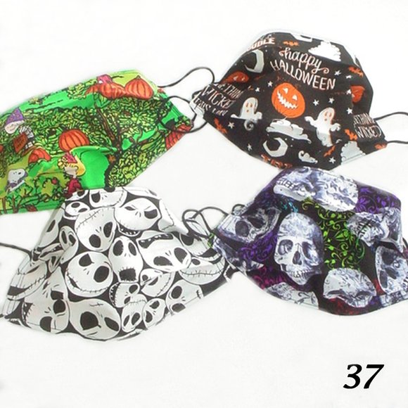 4 HALLOWEEN THEME FACE MASKS PUMPKIN SKULLS GHOSTS HANDMADE 2 LAYERS 100% COTTON - Picture 1 of 4